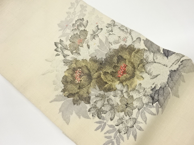 手織り真綿紬花葉模様織出し名古屋帯